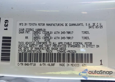 2025 Toyota Tacoma Sr5 из США, поврежденный, VIN 3TYLB5JN9ST071636